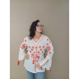Bata Blusa Branca Com Bordado Laranja Tendência Promoção