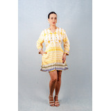 Bata Bordada Viscose Amarelo Com Branco 00230g Vestido