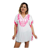 Bata Kaftan Indiana Viscose Branca Com Bordado E Franja Rosa