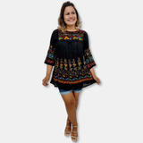 Bata Túnica Feminina Indiana Manga Curta Bordada Boho Chic