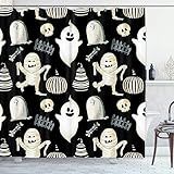 Bayson Cortina De Chuveiro De Halloween- Cortina De Banho Preta Fofa De Abóboras Fantasma Múmia Para Decoração De Banheiro Tecido De Poliéster Impermeável 72 X 72 Polegadas Conjunto Com Ganchos