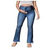BEAUDRM Calça Jeans Skinny Feminina De Cintura Alta Com Zíper Para Gestantes Calça Jeans Boca Flare Lavagem Média XXG