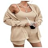 BEAUDRM Roupas Femininas Para Gestantes 3 Peças Blusa De Malha Lisa E Shorts Com Cardigãs Damasco G