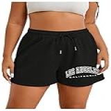BEAUDRM Short Feminino Plus Size Com Estampa De Letras Camufladas Com Cordão Elástico Na Cintura E Perna Larga- Preto- 4G