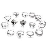Belicey Conjunto De Anéis De Dedo De Cristal Preto Vintage Prata Para Mulheres E Meninas 15 Peças- Free Size- Prata- Metal- Cristal