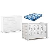 Berço Americano Com Capitonê New Boucle E Cômoda Infantil Tutto New Branco Acetinado E Colchão Ortobom Matic