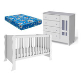 Berço Mini Cama E Cômoda Ariel Branco Com Colchão Ortobom