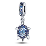 Berloque Pingente Charm Tartaruga Prata E Azul Cravejada