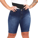 Bermuda Ciclista Jeans Comprida Cós Alto Short Com Lycra