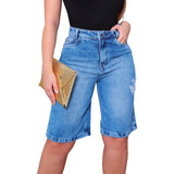 Bermuda Jeans Feminina Comprida Jorts Cintura Alta Casual