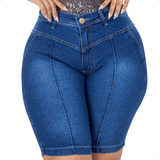 Bermuda Jeans Feminina Plus Size Cintura Alta Com Lycra