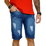 Bermuda Jeans Rasgada Masculina Sem Lycra