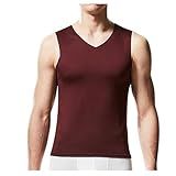 Bestgift Camiseta Regata Masculina De Seda Gelada Slim Esportiva Com Stretch Ombro Largo Decote Em V Vermelho Vinho XXG