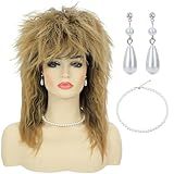 Bettecos Peruca Feminina De Fantasia De Rock Diva Dos Anos 80 Com Colar E Brinco Para Mulheres Cabelo Grande Loiro Anos 70 80 Roqueiro Mullet Glamour Punk Rock Rockstar Cosplay Peruca Para