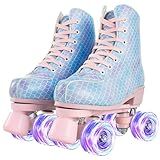 Beuway Patins Femininos De Couro PU Patins De Rolo Para Ambientes Internos E Externos Patins Brilhantes Para Adolescentes Adulto Cor Atualizada Roda Azul Flash 40 Homens 8 Mulheres 6 5 