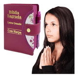 Bíblia Feminina Com Botão Evangélica Letra Gigante Harpa Crista E Caneta