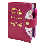 Bíblia Sagrada Feminina Letra Grande Botão Pink C Harpa