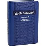 Bíblia Sagrada Letra Gigante Índice Capa Couro Sintético Azul Almeida Revista E Corrigida ARC Letra Vermelha