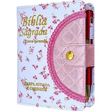 Bíblia Sagrada Letra Grande Com Harpa Botão Caneta Feminina
