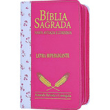 Bíblia Sagrada Letras Hiper Gigante E Harpa Com Zíper Branca E Rosa