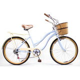 Bicicleta Aro 26 Retrô Vintage Feminina Cesta Vime Bagageir Cor Azul celeste Tamanho Do Quadro L