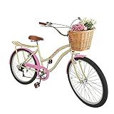 Bicicleta Aro 26 Retrô Vintage Feminina Cesta Vime Bege Rosa