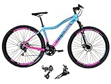 Bicicleta Aro 29 Absolute Hera Feminina Alumínio 21 Marchas Câmbios Shimano Freio A Disco 15 Azul Rosa 