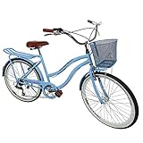 Bicicleta Feminina Aro 26 Com Cesta 6 Machas Retrô Azul Bb