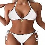 Biquíni Feminino De Crochê Com Nervuras- Textura- Frente única- Biquíni Triangular- Roupa De Banho Com Laço Lateral- Branco- M