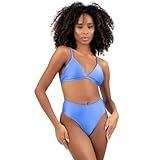 Biquini Hotpant Com Bojo E Brilho Cintura Alta Feminino Luxo Cor Azul Tamanho G 42 44