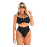 Biquíni Meia Taça Com Bojo Calcinha Hot Pants Canelado