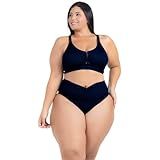 Biquíni Plus Size Top Sem Bojo Com Forro Interno Confortável Textura Cós Alto Calcinha Disfarça Barriga Com Franzido BR Numérico 50 Plus Size Marinho
