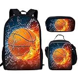 Biyejit Conjunto De Bolsa Escolar Infantil Incluído Bolsa De Ombro Lancheira Porta Canetas Organizador De 3 Peças Bola De Basquete Fire Water