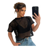 Blusa Arrastão Duas Peças Academia Cropped Tela Furinho