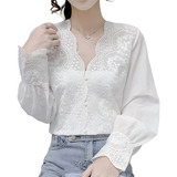 Blusa Bata Feminina Vintage Manga Longa Renda White Coss