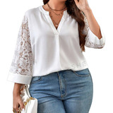 Blusa bata Manga Longa Com Renda Plus Size Miaogu