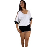 Blusa Blusinha Bata Manga Curta Fenda Lateral Moda Feminina