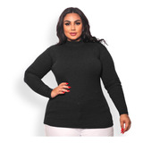 Blusa Cacharrel Plus Size Manga Longa Canelada Gola Alta