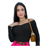 Blusa Canelada Ombro A Ombro Manga Longa Body Com Bojo