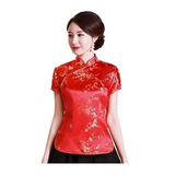 Blusa Chinesa Com Estampa Flor De Cerejeira Vermelha