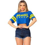 Blusa Cropped Brasil Feminina Copa Bandeira