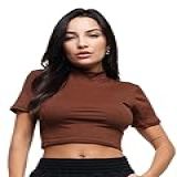Blusa Cropped Feminina Canelada Top Manga Curta E Gola Alta Blusinha Feminina Básica Blusa Gola Alta Moda Verão Feminina Cropped Feminino Manga Curta E Gola Alta BR Alfa M Regular Marrom