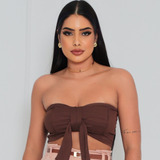 Blusa Cropped Feminino Ribana Com Bojo Laço