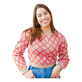 Blusa Cropped Manga Longa Tricô Tricot Xadrez Maya Modas