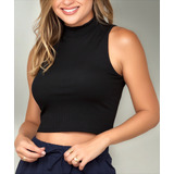 Blusa Cropped Regata Feminino Gola Alta Malha Canelado