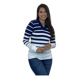 Blusa De Frio Feminina Manga Longa Listrada Gola V Tricot