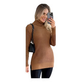 Blusa De Frio Gola Alta De Tricô Lã Minivest Fenda Lateral