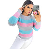 Blusa De Frio Tricot Listrada Cores Gola Canoa Inverno