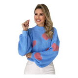 Blusa De Trico Tricot Feminina Corações Inverno Frio Modinha