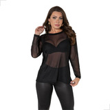Blusa Em Tule Transparente Manga Longa Luxo